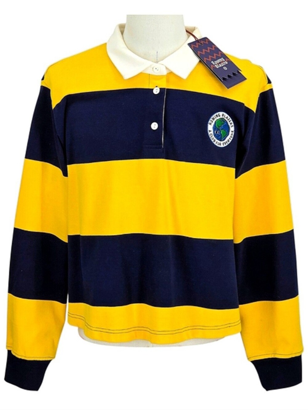 Rowing Blazers Rugby Shirt Womens 2X Yellow Navy Stripe Cropped Prep - Picture 1 of 16